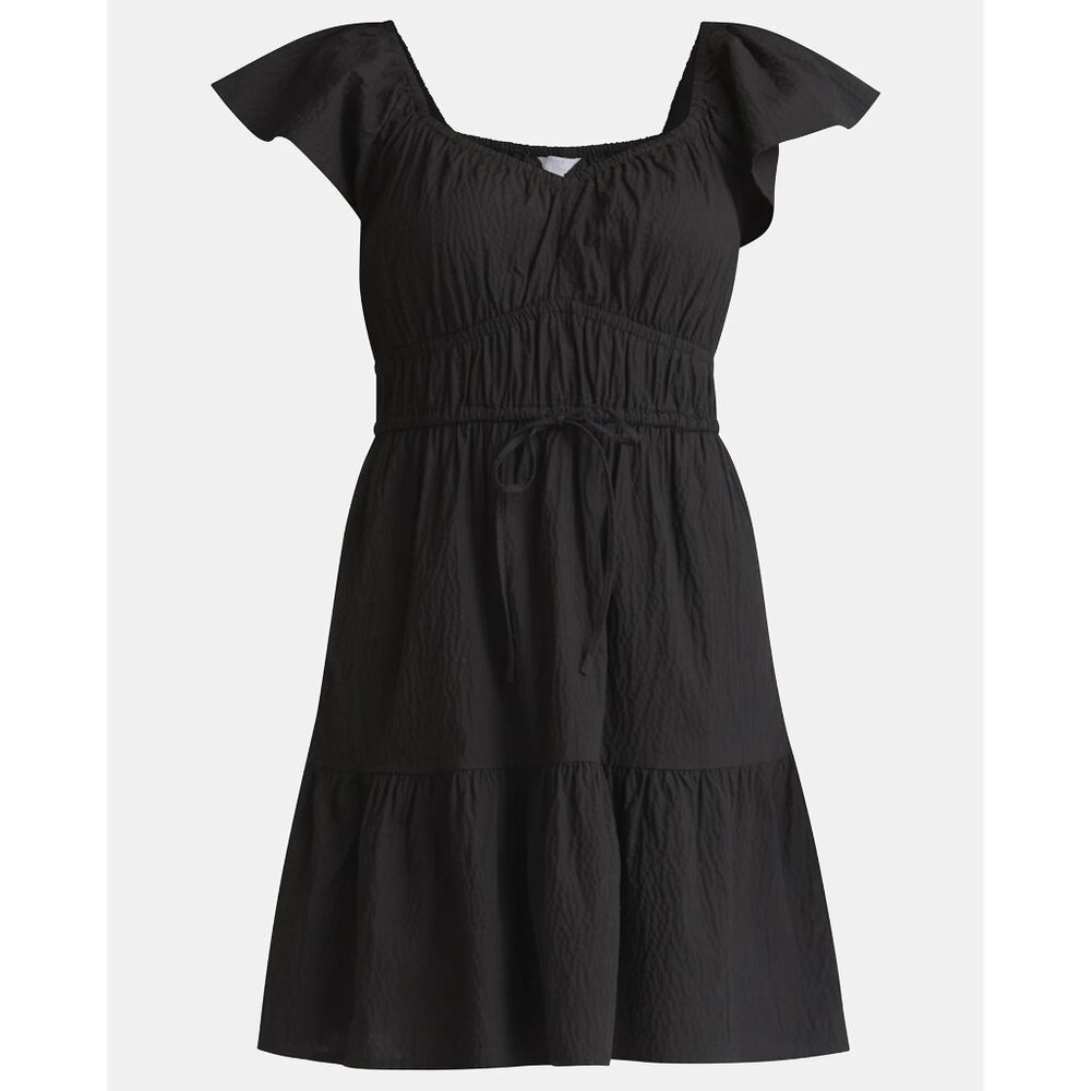 NWT, SZ M (8-10) Tiered Flutter Sleeve Mini Dress, Black